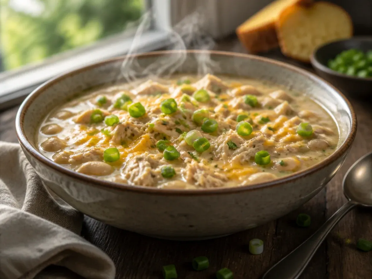Large pot of family-size white chicken chili portioned into containers