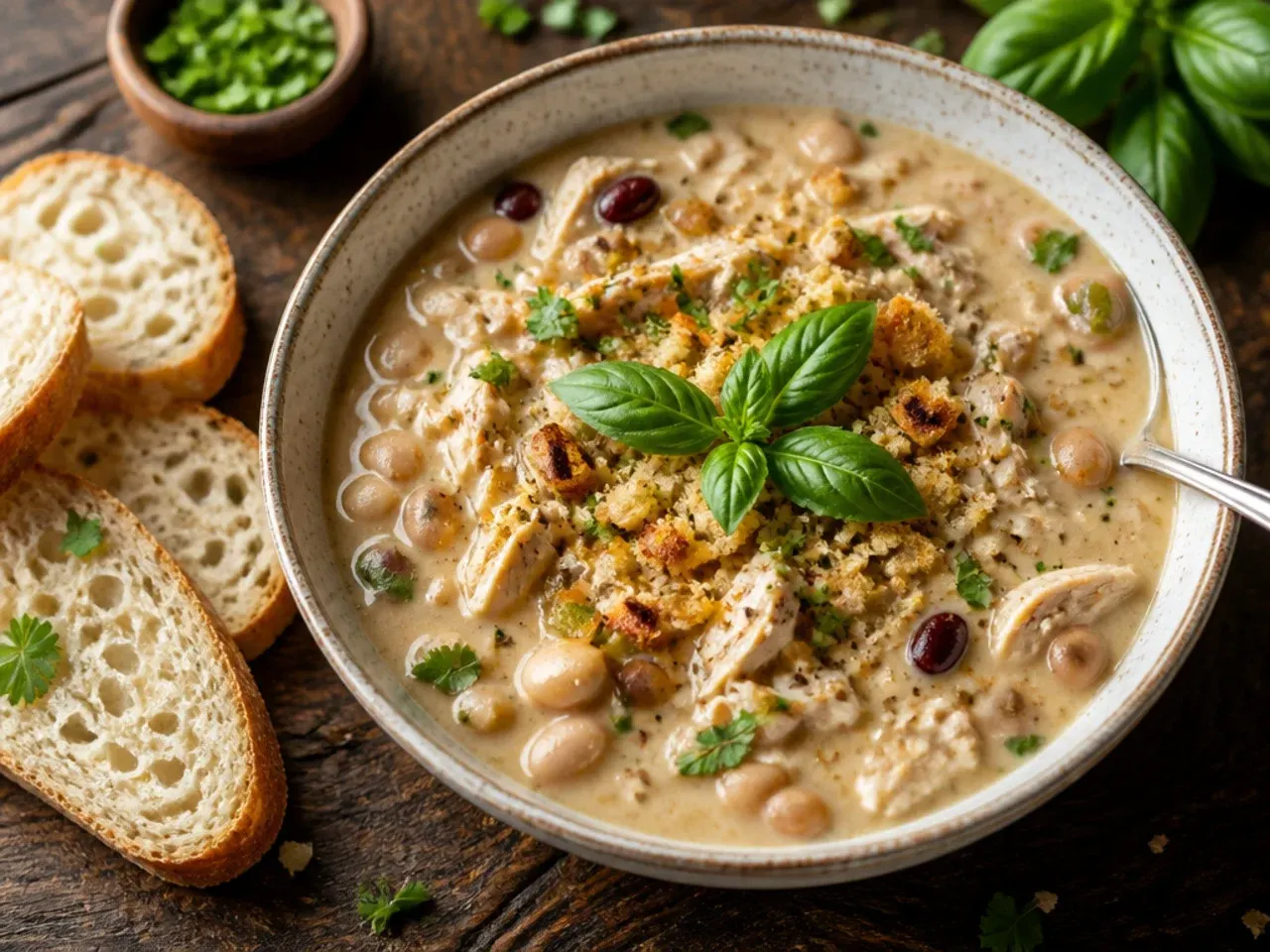 Bowl of three-bean white chicken chili with cannellini, great northern and pinto beans