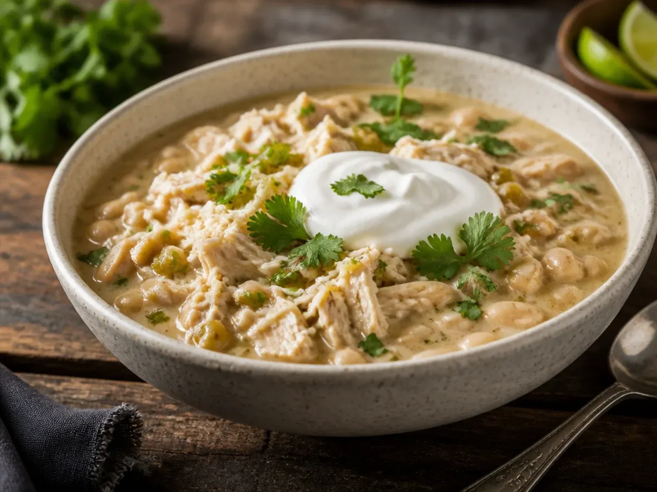 One-pot white chicken chili simmering with beans and their liquid