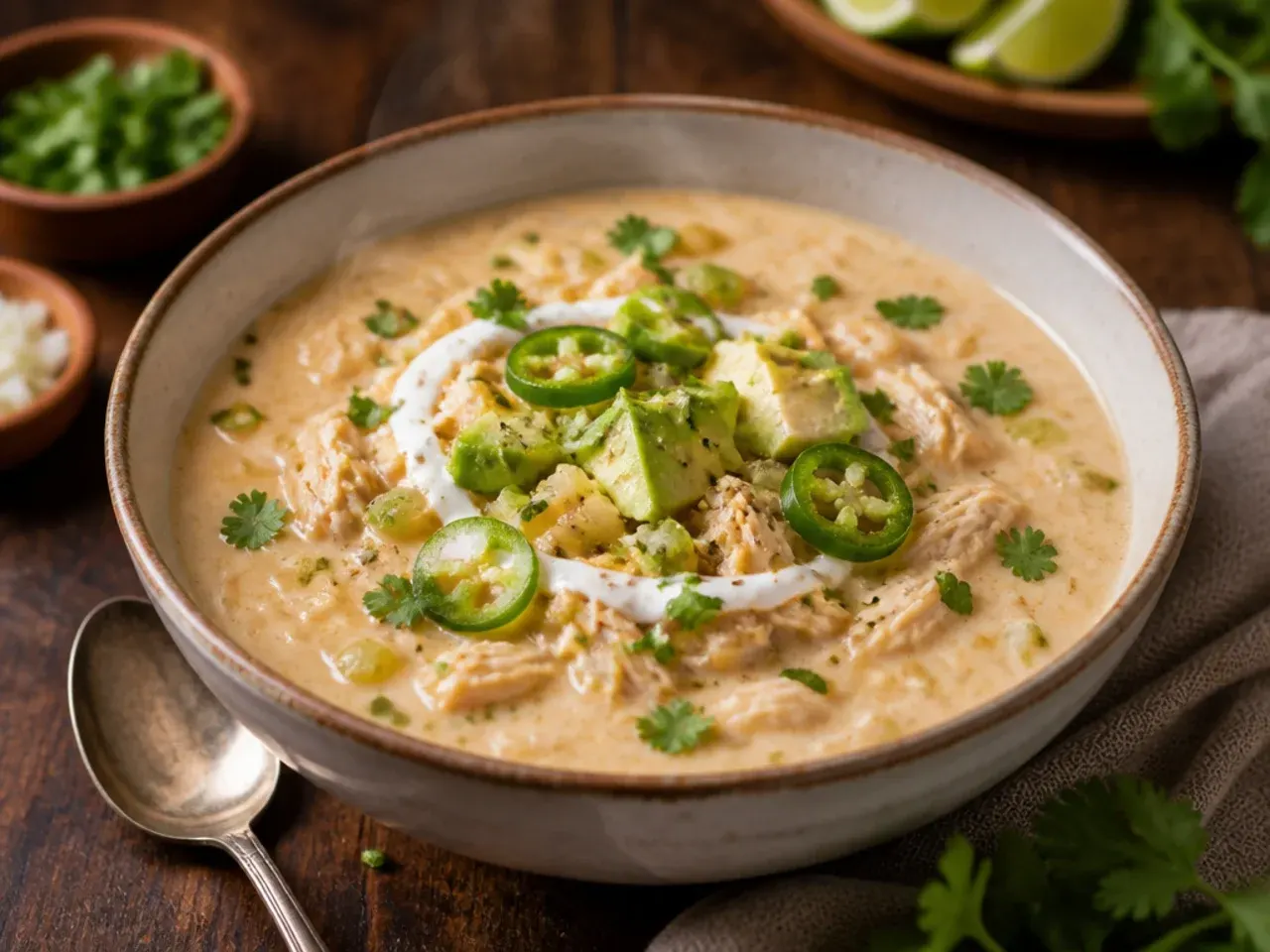 Bowl of smoky chipotle white chicken chili with a swirl of sour cream