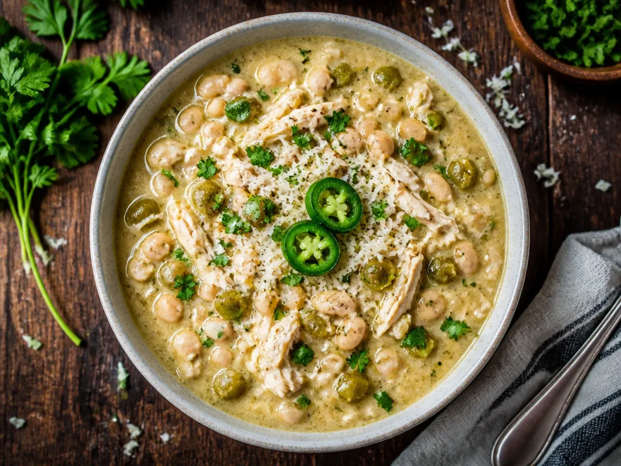 White chicken chili with salsa verde and crumbled queso fresco