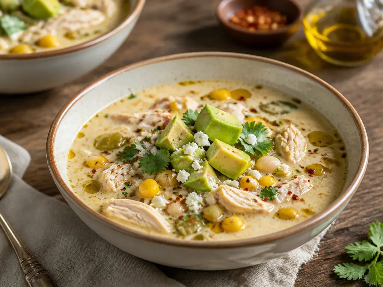 Hearty white chicken chili loaded with corn and diced poblano