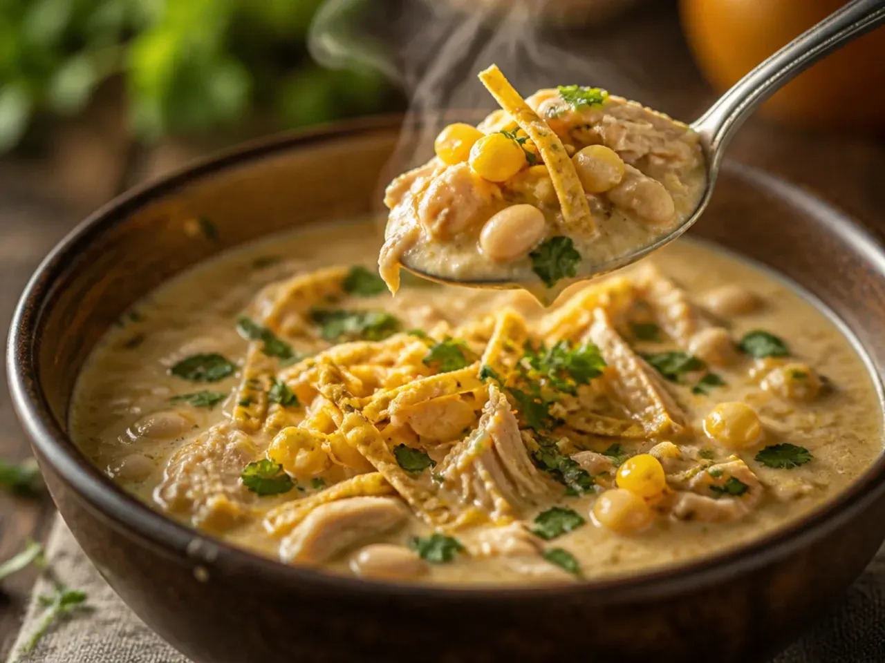 Cozy autumn white chicken chili with roasted butternut squash