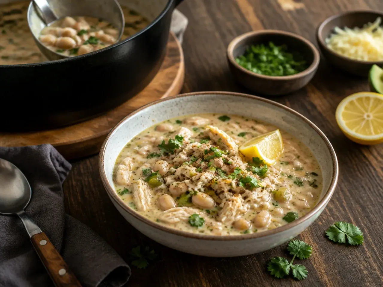 Bowl of white chicken chili made creamy with Greek yogurt