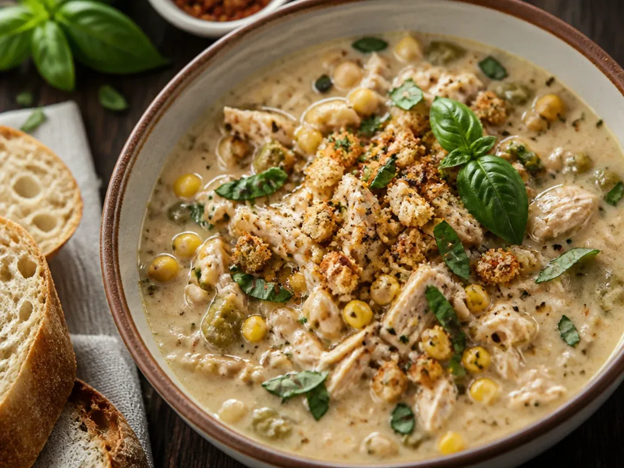 Spicy pepper jack white chicken chili with sliced jalapenos