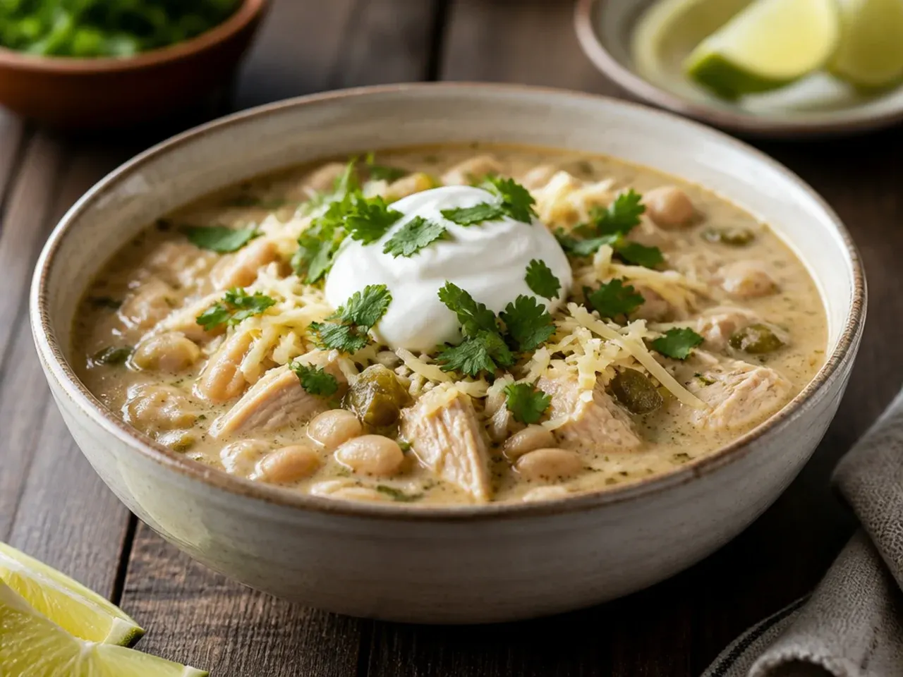 Pot of comforting white chicken chili served with warm tortillas