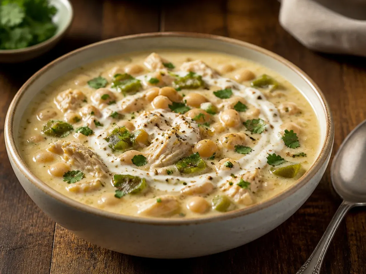 Budget canned-bean white chicken chili in a simple bowl