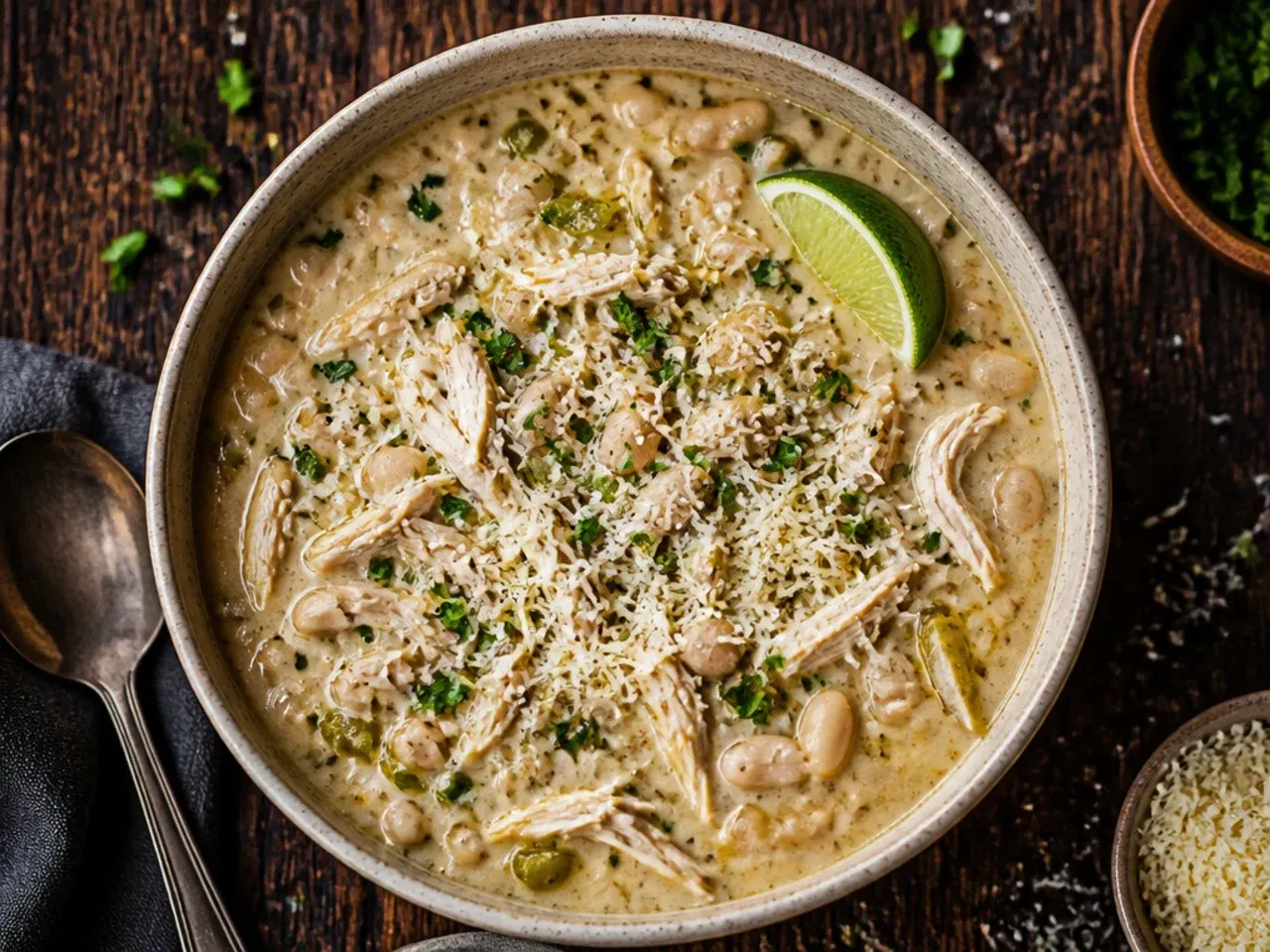 Weeknight white chicken chili with poached shredded chicken breast