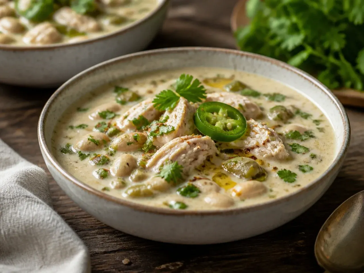 Rustic farmhouse white chicken chili made with a whole cut-up chicken
