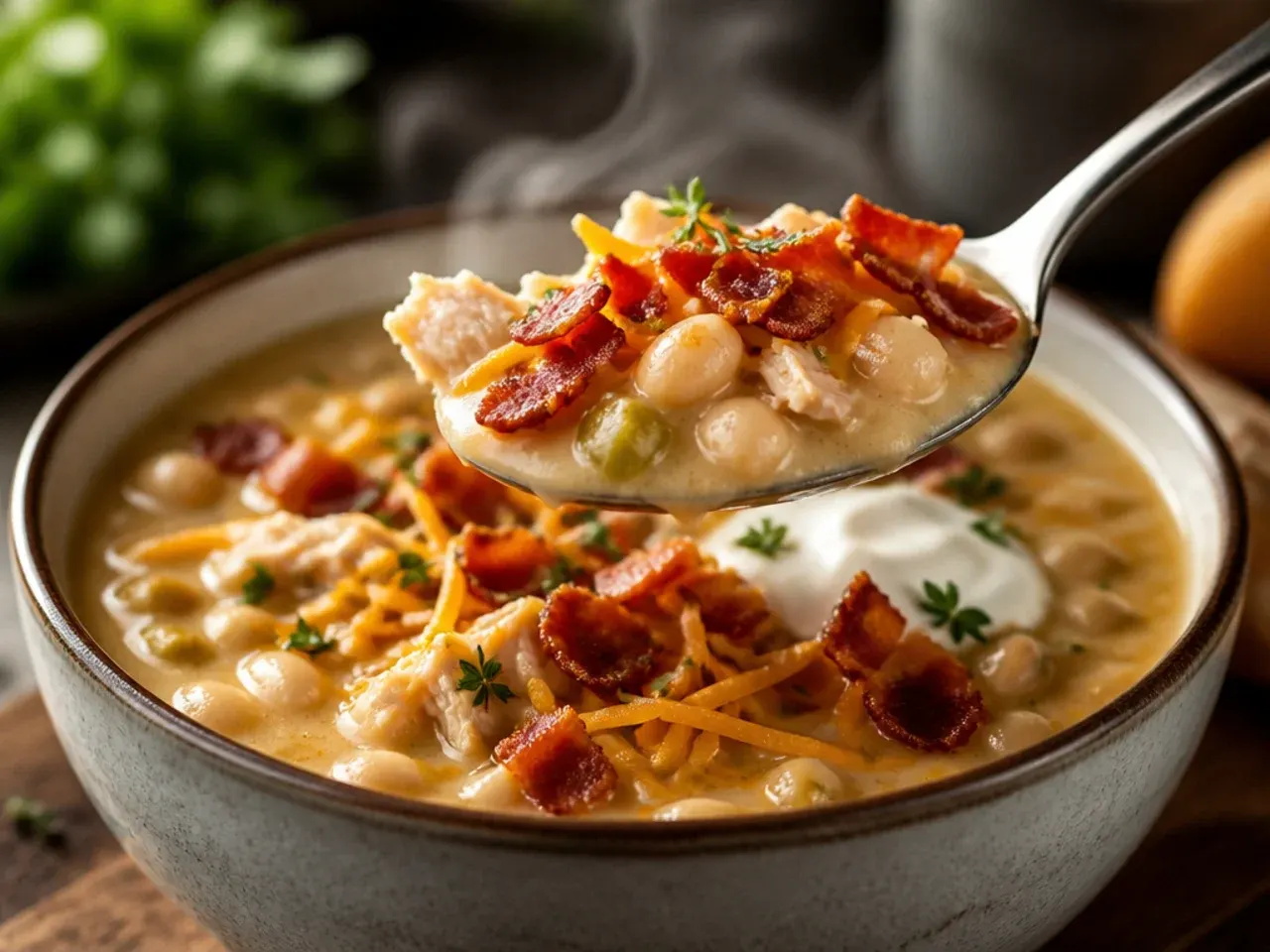Bacon-topped white chicken chili with crispy bacon crumbled over the top