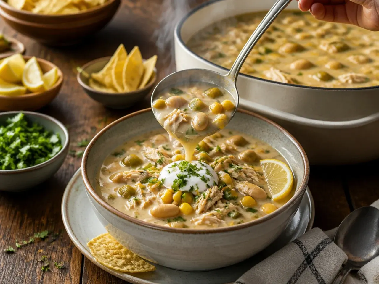 Mild family-friendly white chicken chili in a kid-sized bowl