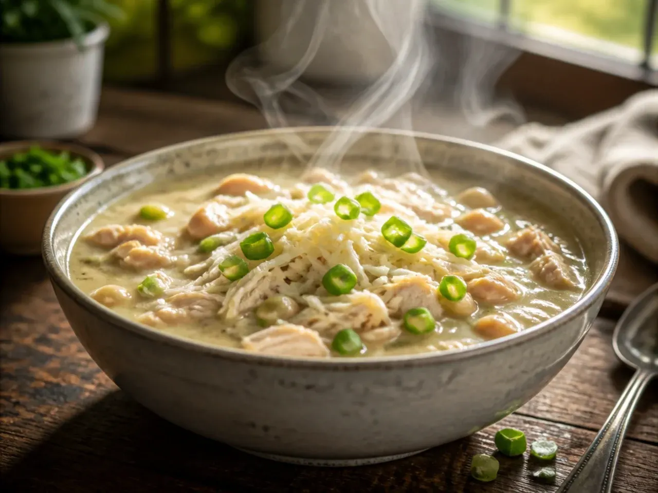 Restaurant-style white chicken chili finished with lime and coriander