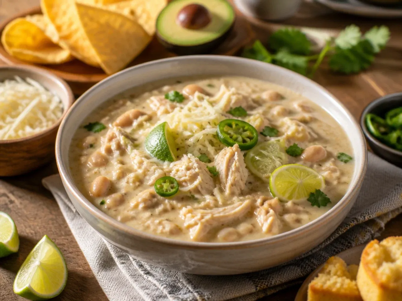 White chicken chili served with cornbread and a fresh green salad