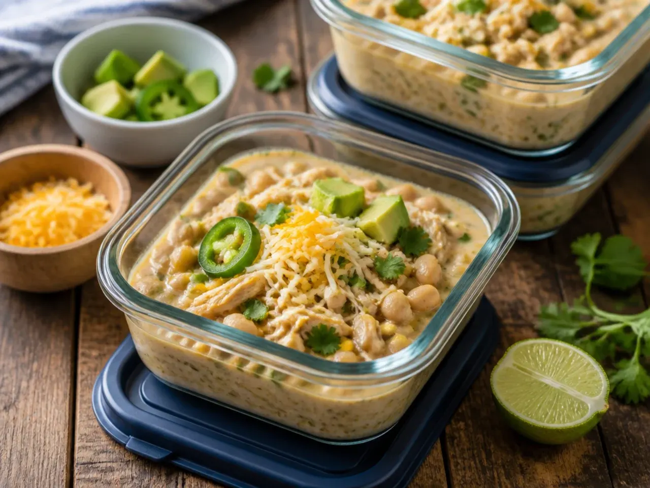 Container of leftover white chicken chili ready for the fridge or freezer