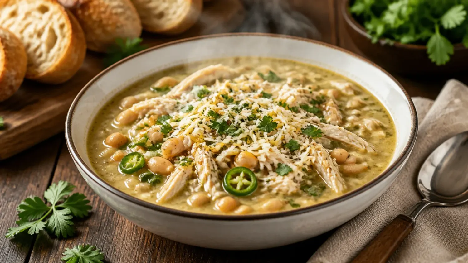A steaming bowl of creamy white chicken chili topped with melted Monterey Jack cheese, diced avocado, fresh coriander and a lime wedge.