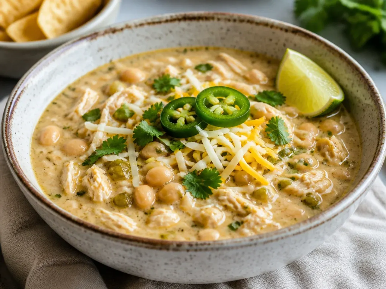 Overhead shot of a pot of white chicken chili surrounded by small bowls of toppings including cheese, lime and coriander