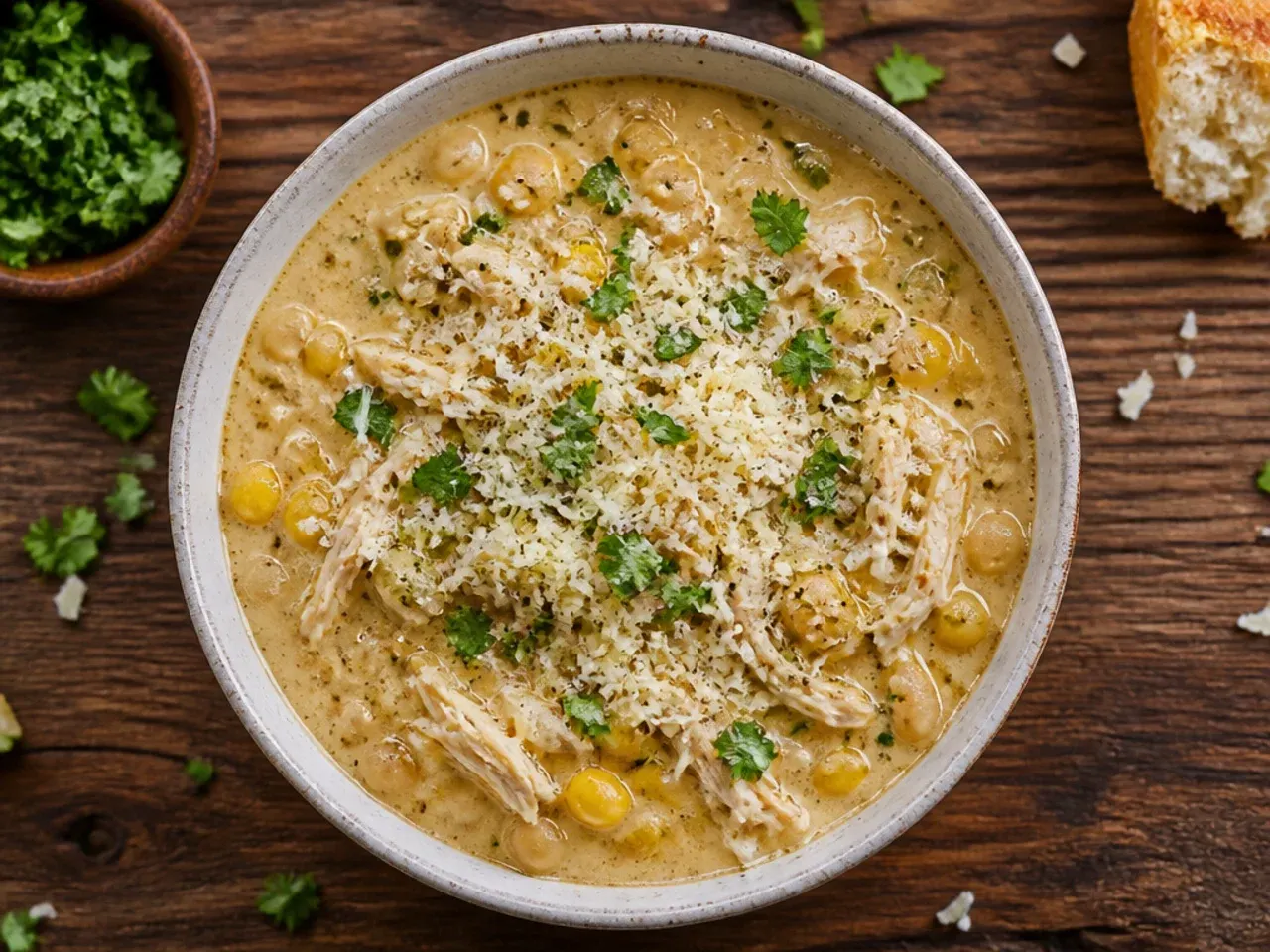 Close-up of classic white chicken chili in a bowl with visible shredded chicken and white beans