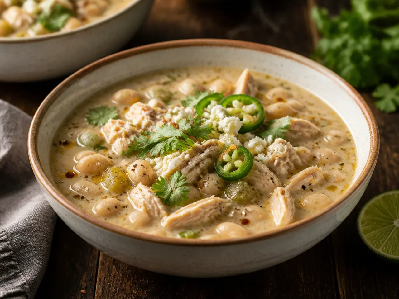 A quick weeknight bowl of white chicken chili being ladled from a pot