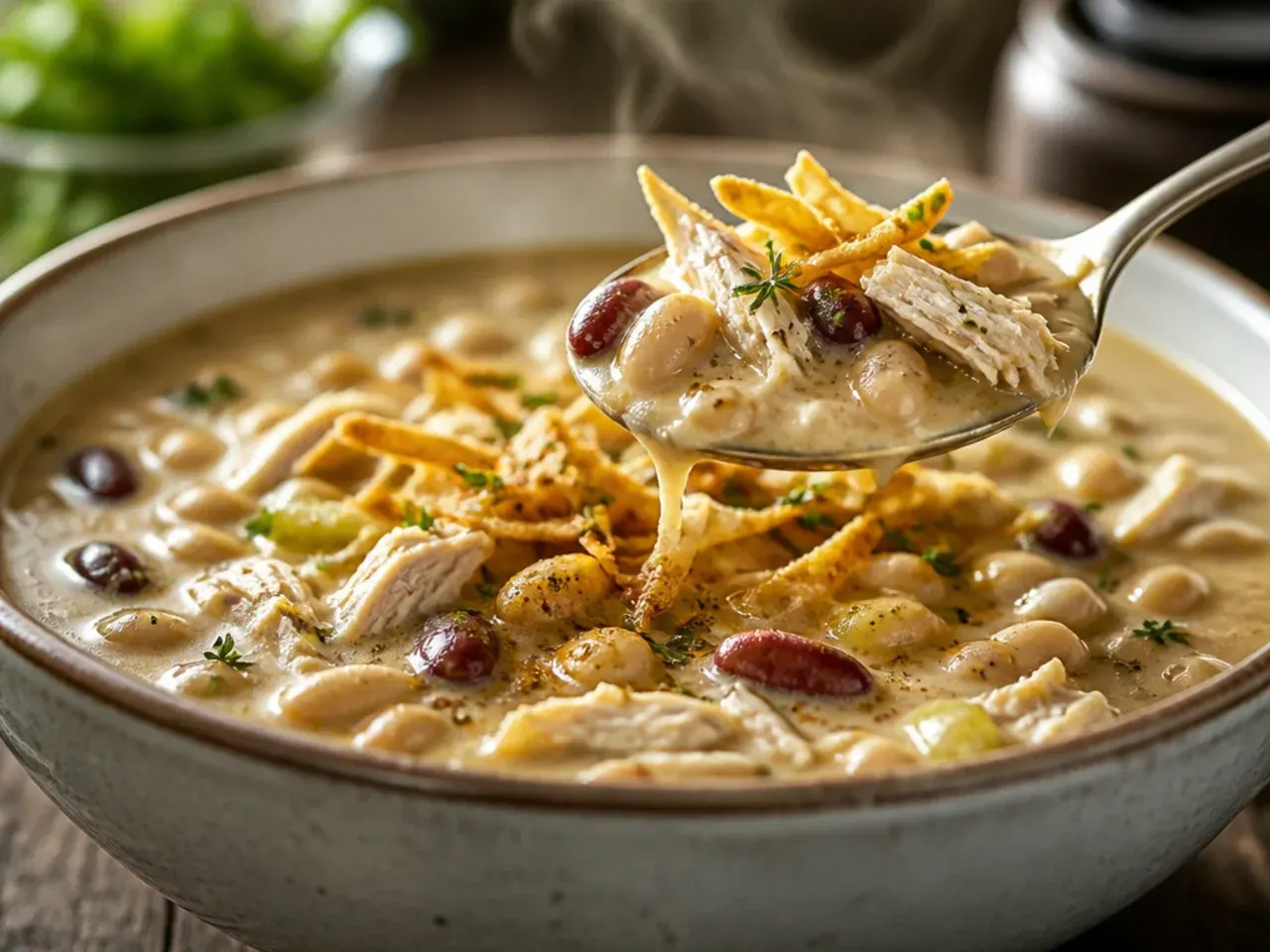 A rustic bowl of three-bean white chicken chili showing different bean varieties