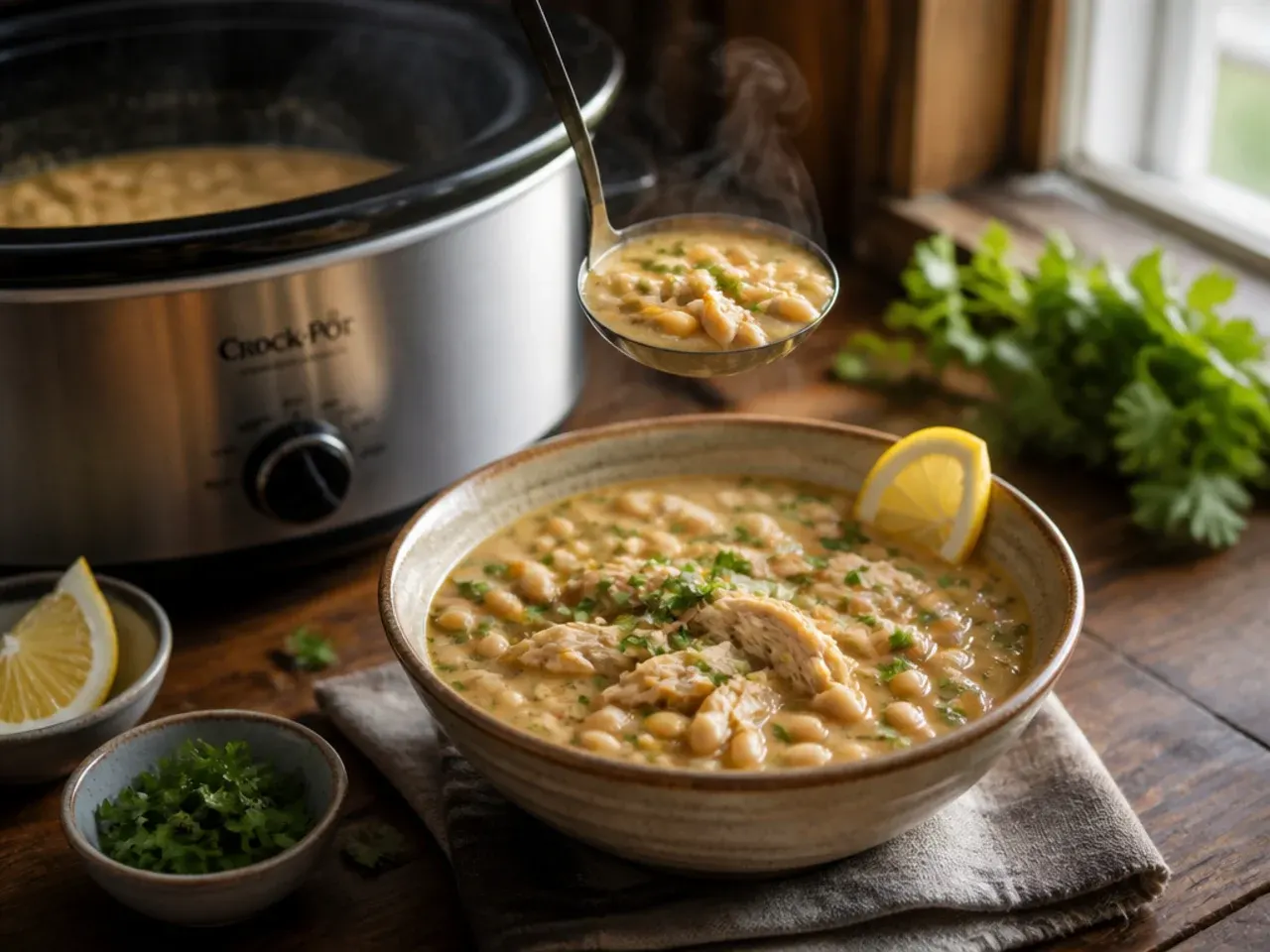 A slow cooker filled with white chicken chili with the lid resting beside it