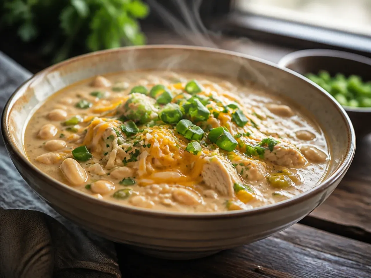 A creamy, thick bowl of white chicken chili with a swirl of cream on top