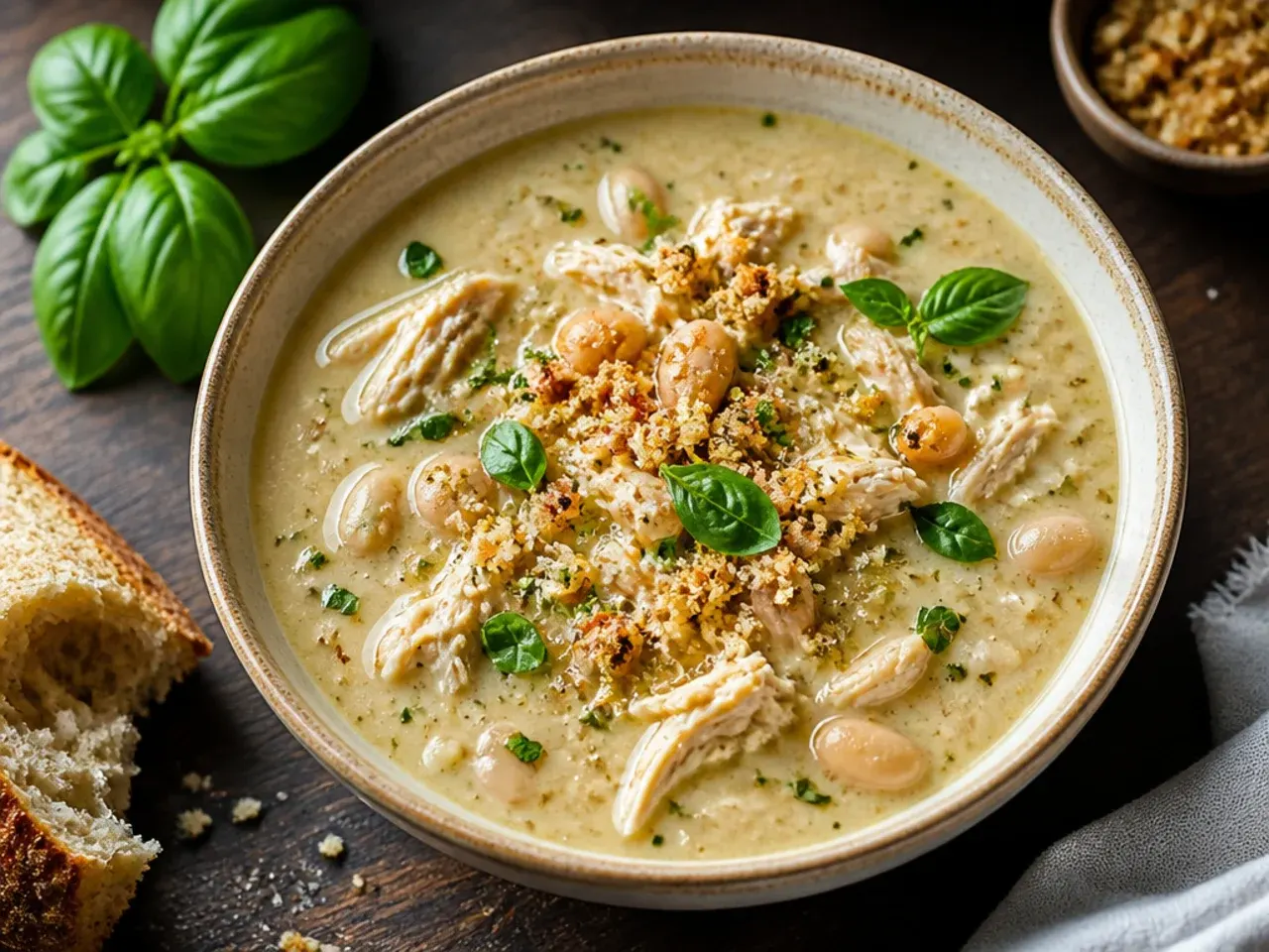 A simple, minimal-ingredient bowl of white chicken chili with tortilla chips on the side