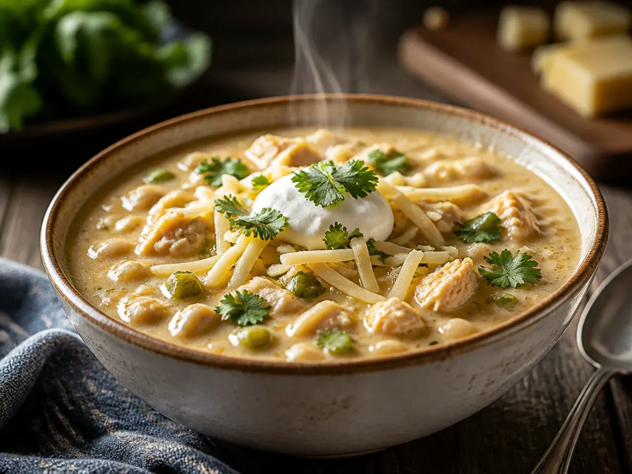A bowl of cheesy white chicken chili with melted Monterey Jack cheese pulled into strands