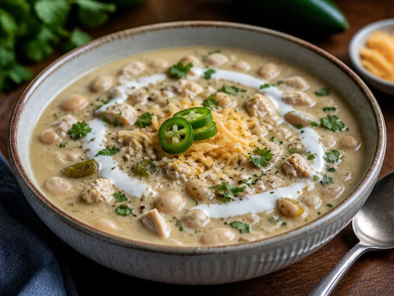 An Instant Pot open to reveal finished white chicken chili with steam rising