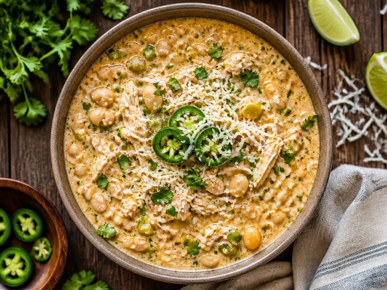 A budget-friendly pot of white chicken chili made with rotisserie chicken