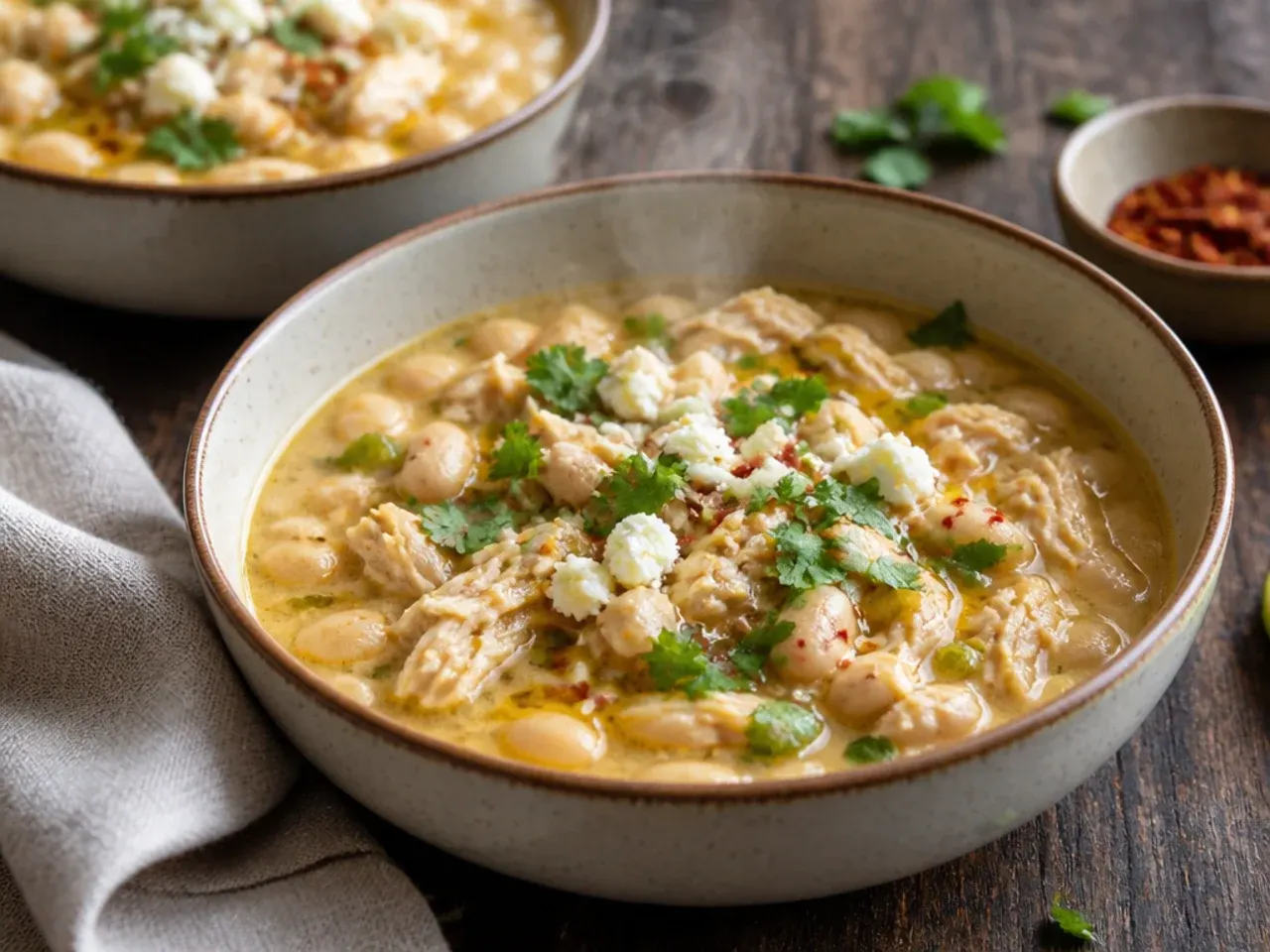 A weeknight dinner table set with a bowl of white chicken chili and cornbread