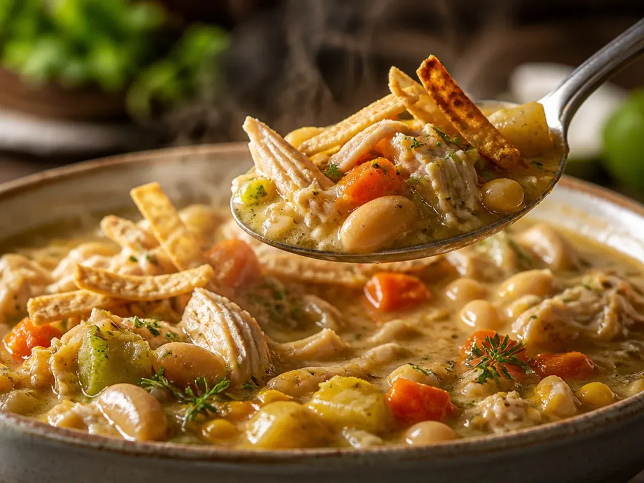 A rustic, chunky pot of white chicken chili with visible large vegetable pieces