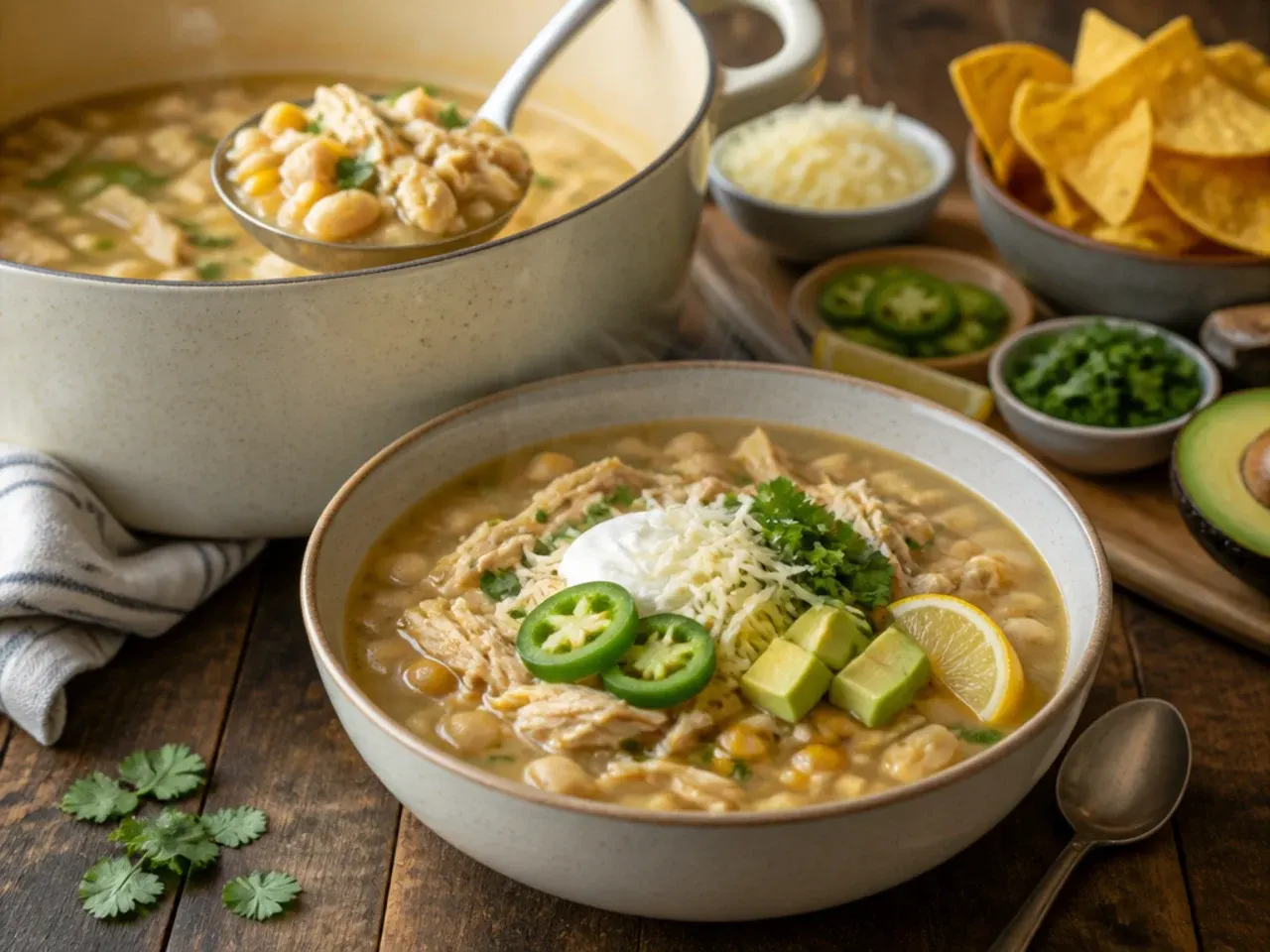 A loaded white chicken chili toppings bar with small bowls of cheese, avocado and lime