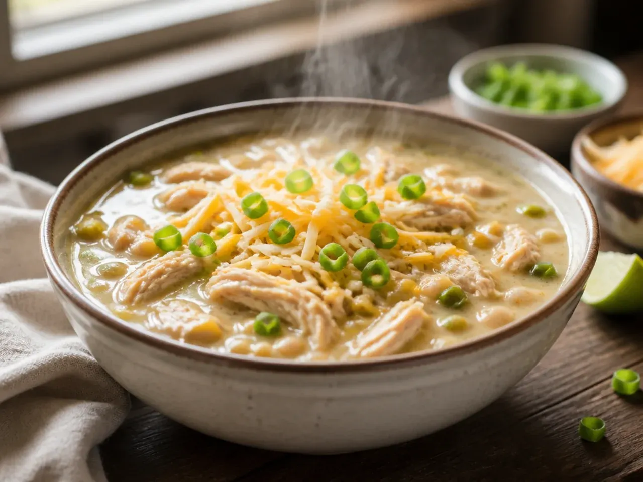 A large family-size pot of mild white chicken chili with ladle and stack of bowls