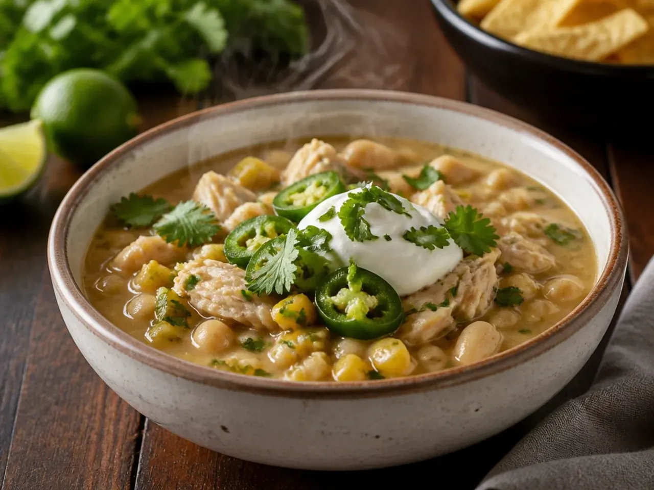 A Dutch oven full of finished white chicken chili with a wooden spoon resting on the rim