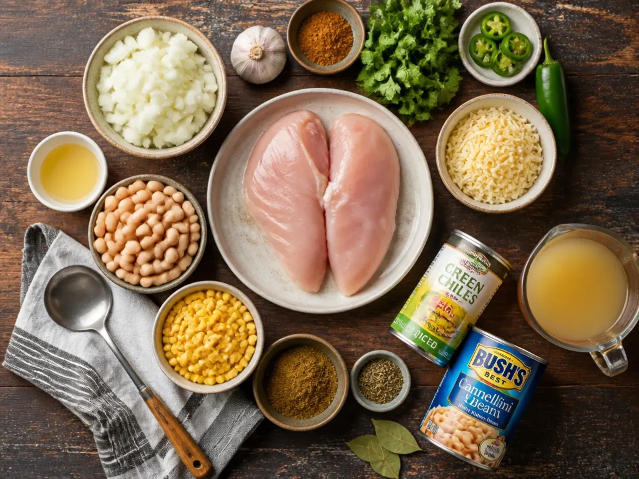 Close-up of a spoon mashing beans against the side of a pot of white chicken chili