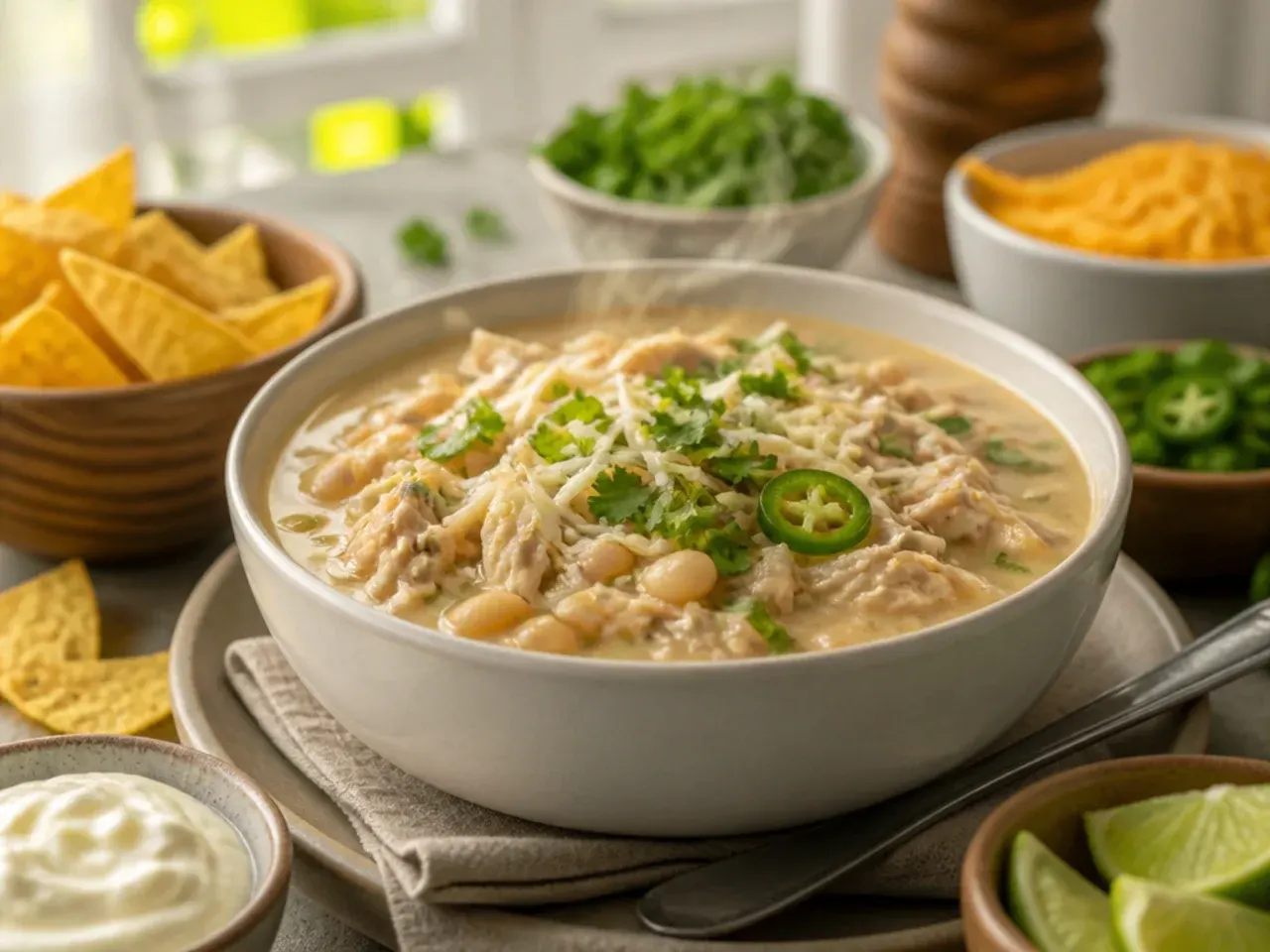 A table set with bowls of white chicken chili, cornbread and a small dish of lime wedges