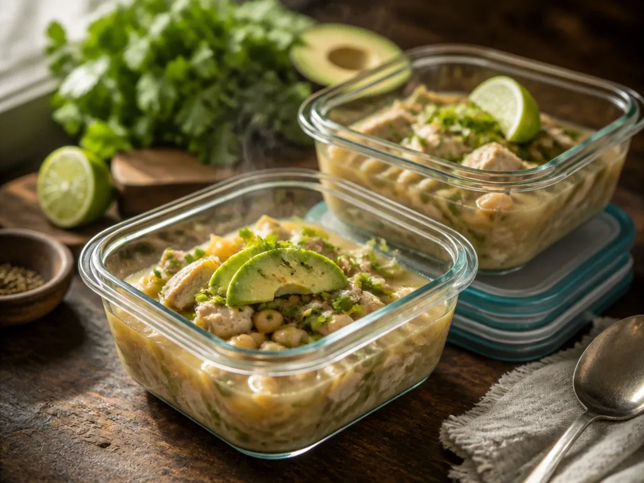 Portions of white chicken chili in labelled freezer-safe containers ready for storage