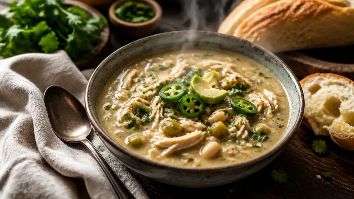 A ladle lifting a scoop of creamy white chicken chili from a slow cooker, showing shredded chicken, white beans and melted cream cheese