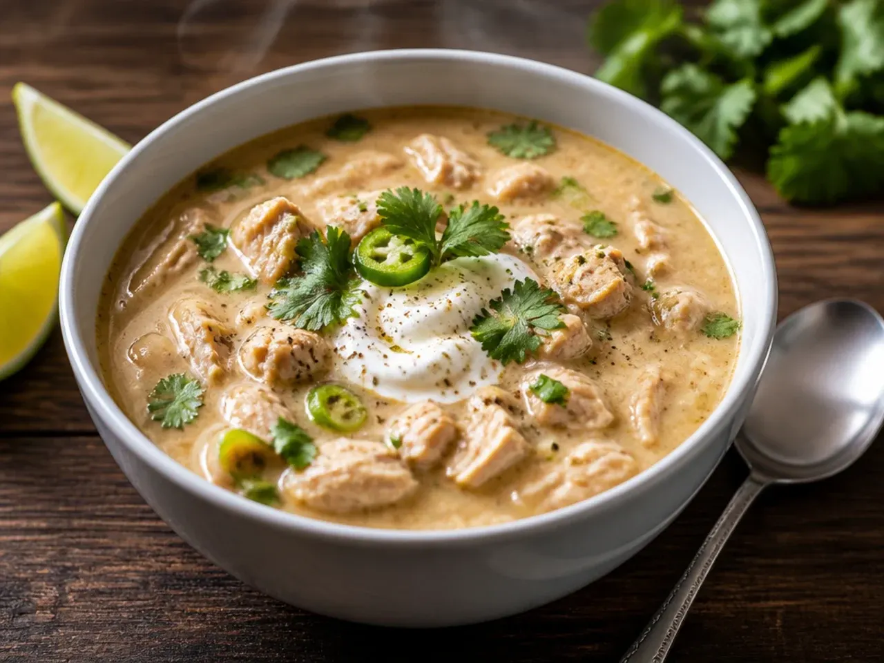 Boneless chicken breasts nestled into a slow cooker with beans and broth, cooking gently on the low setting