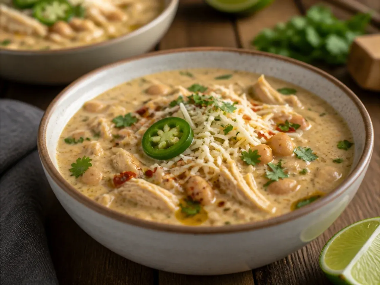 Cubed cream cheese softening on a wooden board next to a slow cooker of simmering white chicken chili