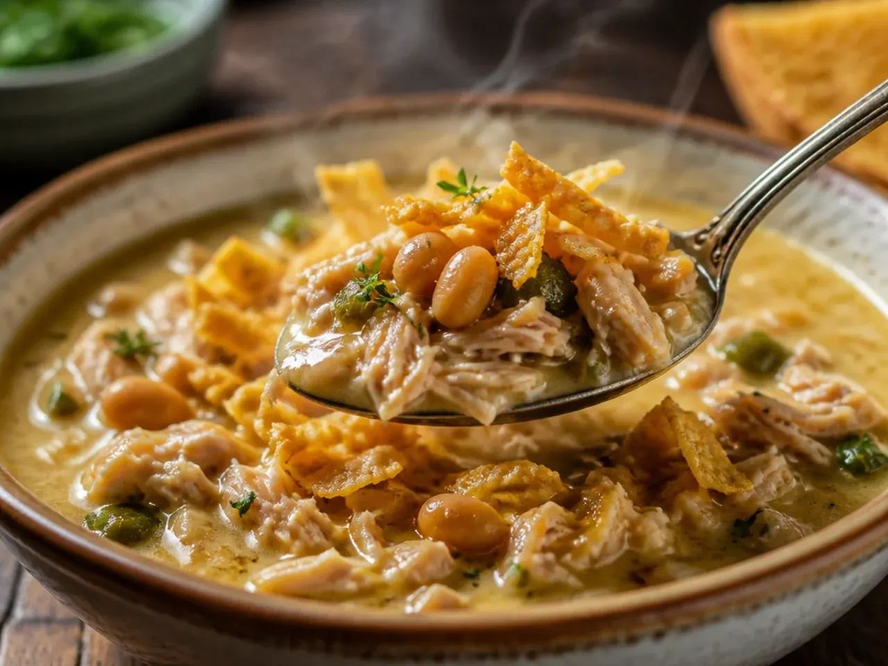 Chicken broth being poured into a slow cooker over chicken, beans and green chiles, filling to just below the ingredients
