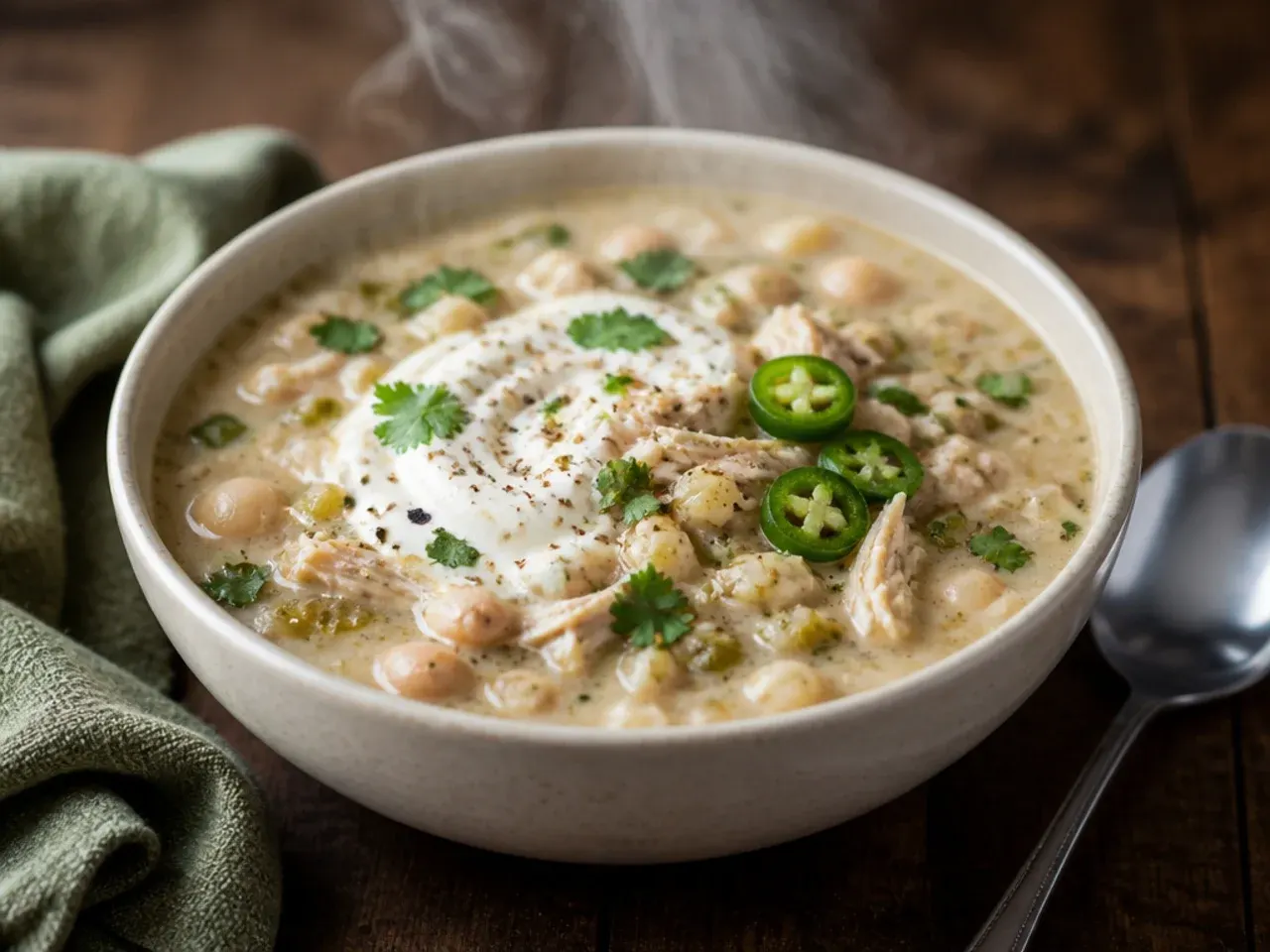 Bright yellow sweetcorn kernels being stirred into creamy white chicken chili near the end of cooking