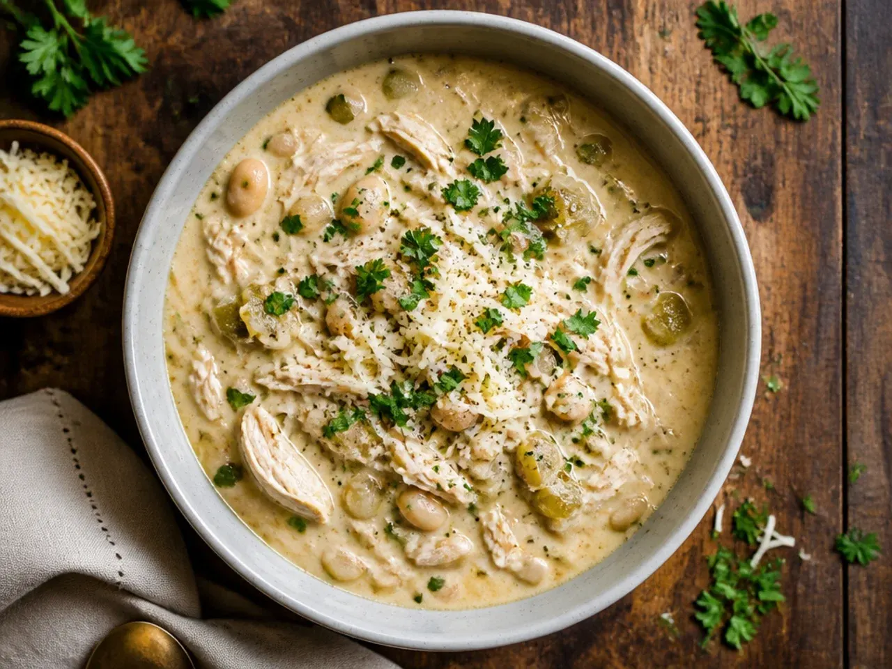 A spoon tasting the broth in a slow cooker just before the cream cheese is stirred in