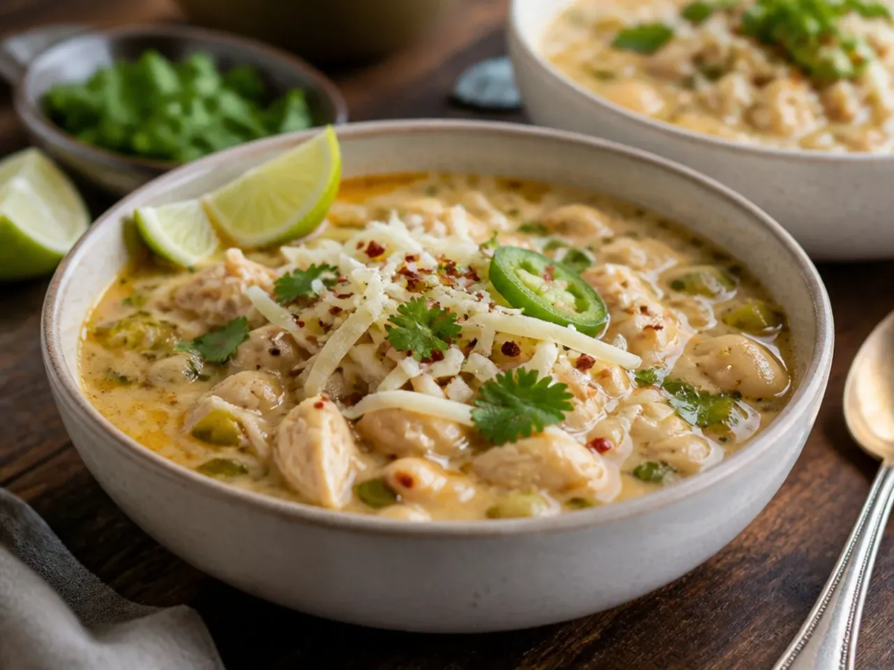 A block of Monterey Jack cheese being freshly grated over a bowl of white chicken chili