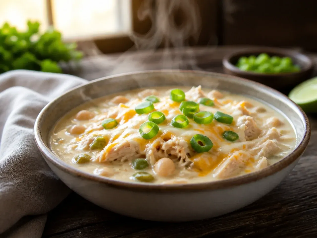 A lime being squeezed over a finished bowl of creamy white chicken chili