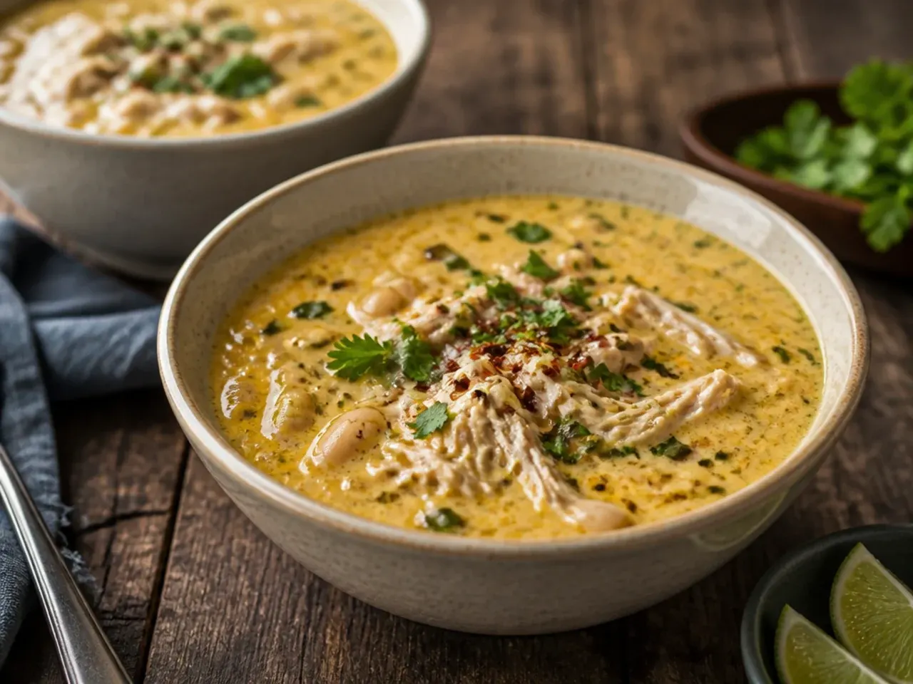 Leftover white chicken chili being gently reheated in a saucepan on the hob, stirred with a splash of broth
