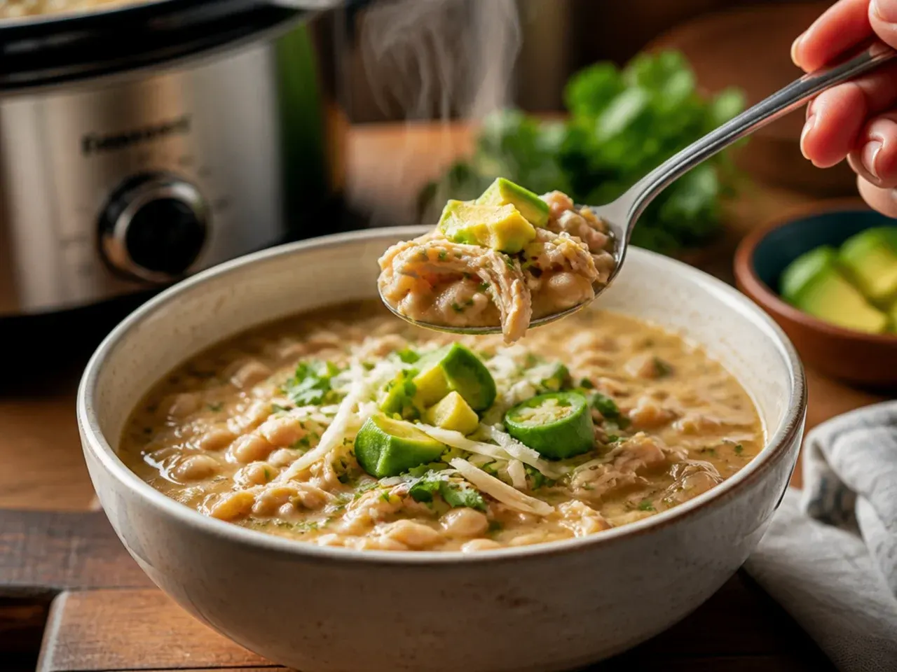 A finished bowl of creamy white chicken chili topped with cheese, jalapeño and coriander, ready to serve