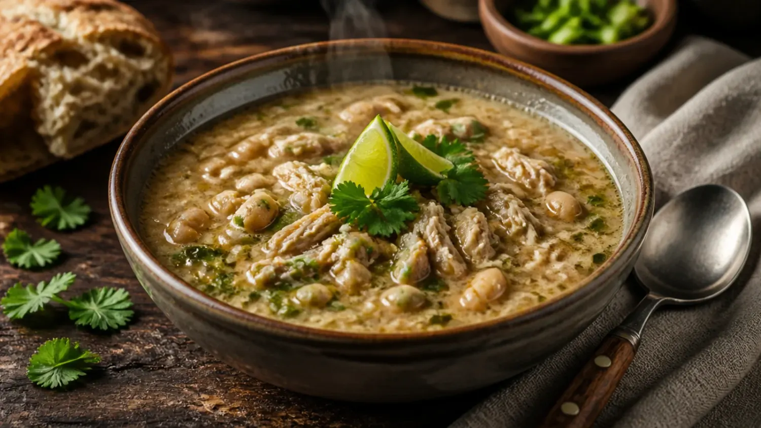 A steaming pot of creamy white chicken chili on the stove, topped with cheese, sour cream, and lime