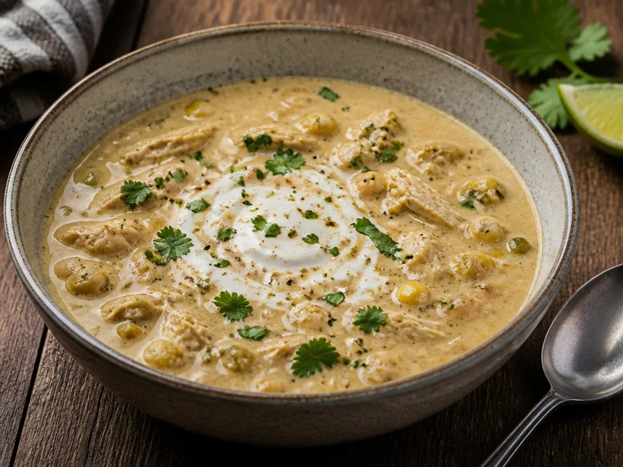 Cubed cream cheese melting into creamy white chicken chili in a pot