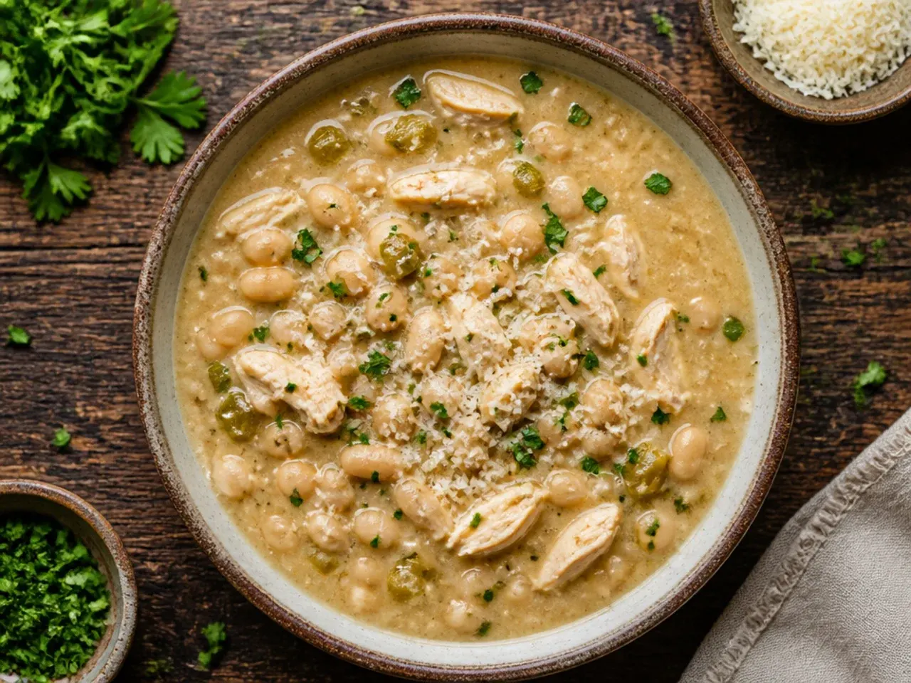 Close-up of smooth, glossy white chicken chili simmering gently
